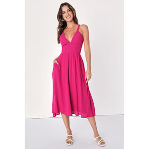 Lulus Bold New Look Magenta Tie-back Midi Dress With Pockets Pink - Size Small.